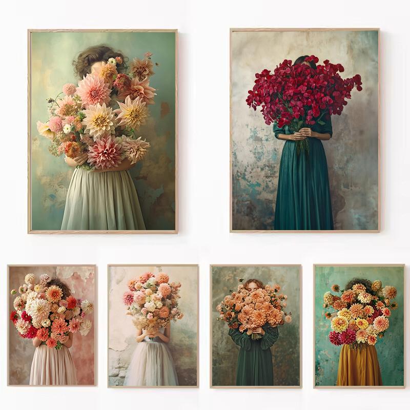 Modern Girl Wear Flowers Canvas Print Scandinavia Full of Force De Vie Wall Art Poster for Living Room Bedroom Room Home Decor