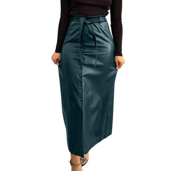 Jupe Femme Simili Cuir Taille Haute Fente Avant Enveloppante sur les Hanches avec Boutons Ceinture Fermeture Jupe de Ville Trajet