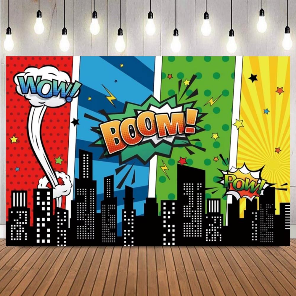 Comic Style City Superhero Photo Backdrop Colorful Buildings Birthday Cake Table Decoration Banner Party Photography Background1
