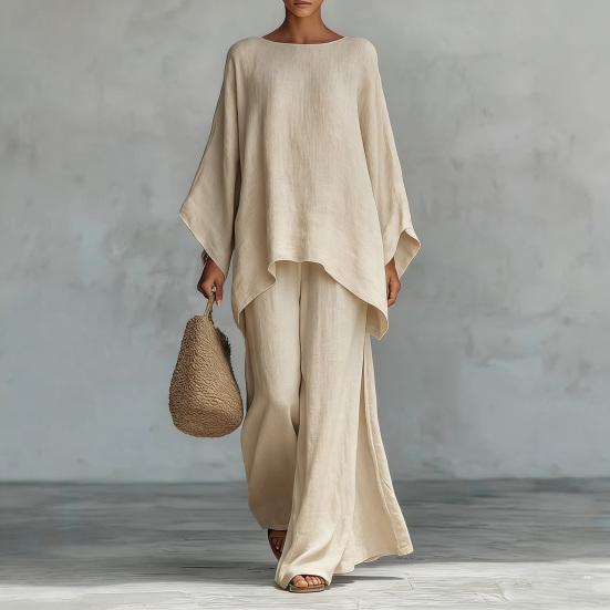 Women's Summer Two Piece Lounge Sets Batwing Long Sleeve Boat Neck Top And Wide Legs Pants Matching Outfits