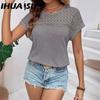 Women's Summer Top with Shoulder Mesh Hollowed Out Breathable Short Sleeve T-shirt