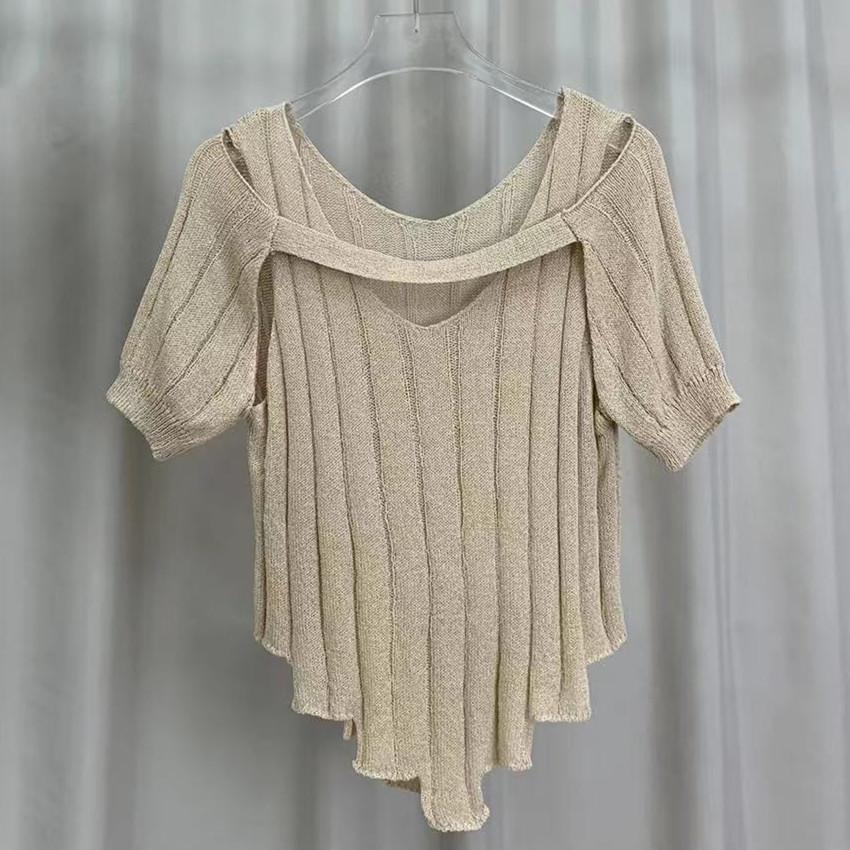 Pulover Tricotat cu Mânecă Scurtă cu Gât Atârnat Femei Pulover cu Simț al Designului Primăvară Cămașă de Bază Topuri Unice Slim Pulovere Tricouri Esențiale Casual Slim Fit
