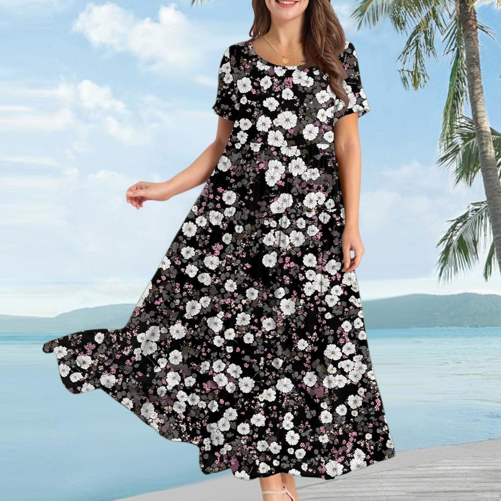 Women's Casual Loose Bohemian Floral Print Short Sleeve Dress