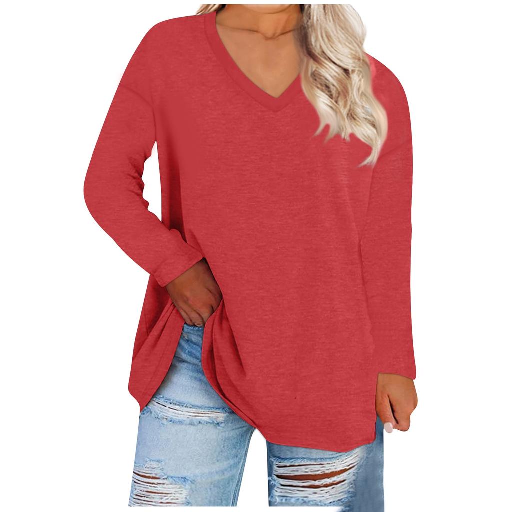 Women's Large Top Round Neck Loose And Comfortable Solid Long Sleeve T-shirt Casual