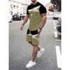 Nuevo Traje de Hombre Estampado con Costuras Verano Cuello Redondo Manga Corta Top Y Pantalones Cortos Casuales Moda Estilo Calle Conjunto de Dos Piezas