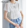 Korean Fashion Summer Women Pleated Blouse Stand Collar White Black Polka Dot Shirt Butterfly Sleeve Chiffon Ladies' Blouse