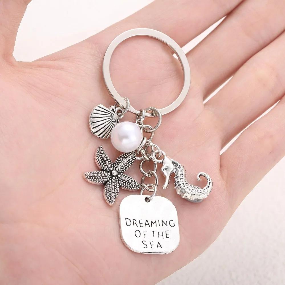 Creative Sea Animal Keychains Silver Color Sea Horse Starfish White Pearl Metal Keychains Fashionable Ornament