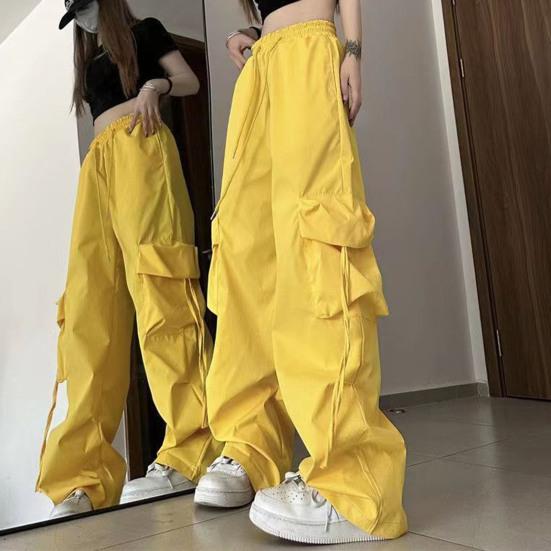 Hiphop-stijl cargobroek dames grote zakken casual broek losse wijde pijpen hoge taille effen kleur broek streetwear