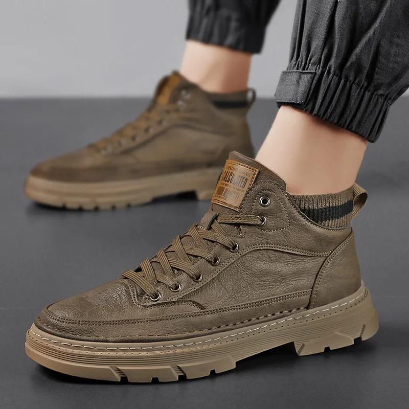 2025 Herbst Neue Herren Lederstiefel Street Fashion High Tops Leder Freizeitschuhe Mann Outdoor Stiefeletten