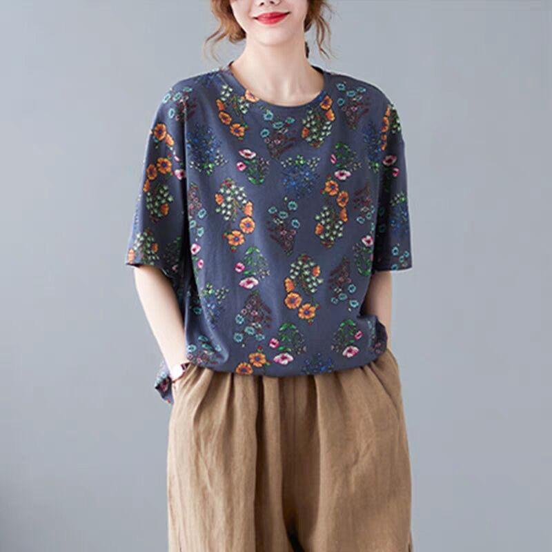 Floral Short-sleeved T-shirt Women's Plus Size Women's Spring and Summer Bottoming Shirt Casual Literary Blouse Loose and Thin