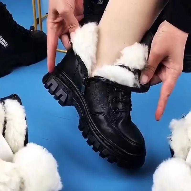 Winter Warm Fur Boots Casual Autumn High Heels Zipper Shoes Warm Wool Platform Boots for Women Black Female Botas