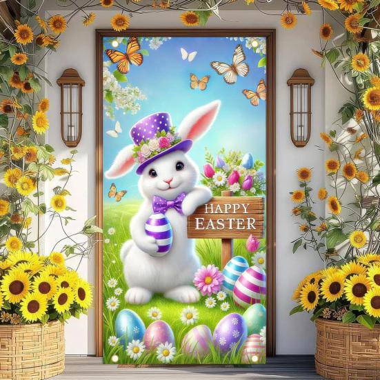 Easter Door Banner Spring Bunny Carrot Eggs Porch Sign Large Front Door Wall Backdrop for Indoor Outdoor Spring Party Decoration Photo Booth Props