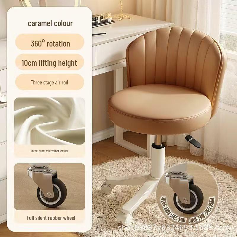 Adjustable Swivel Makeup Stool with Backrest - Cream Bedroom Dressing Table Chair On Rollers
