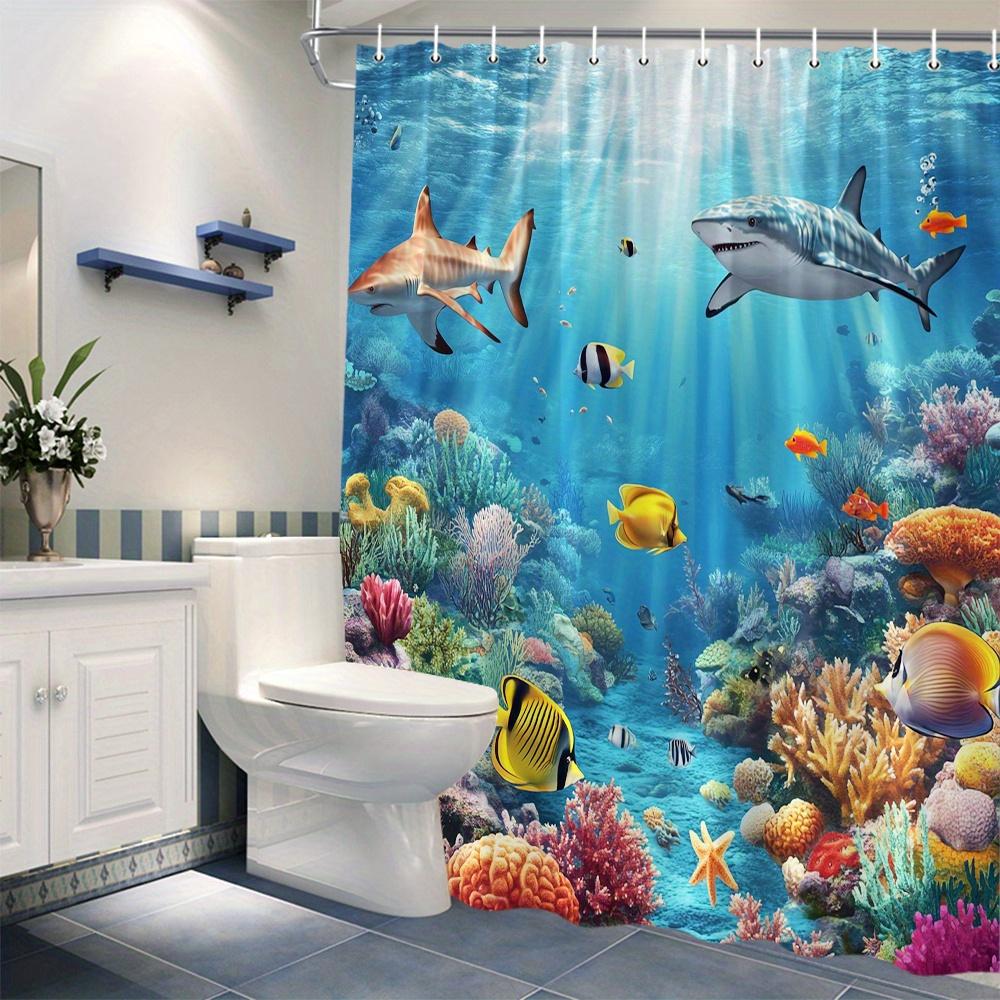 Vibrant Underwater Marine Life Shower Curtain - Sharks, Coral Reef,Colorful Corals,Striped Fish, Polyester,Majestic Shark Design