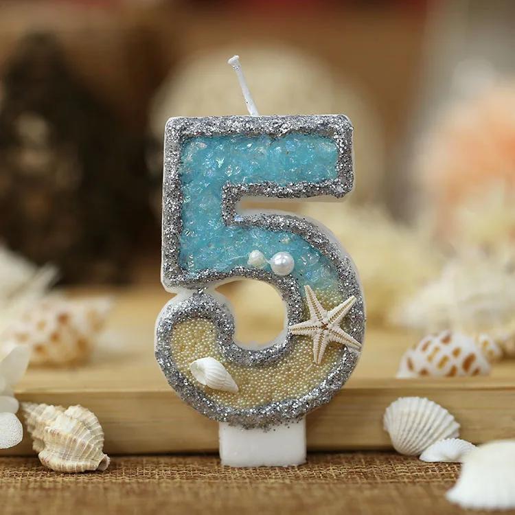 3inch Birthday Candle Large Number 4 Candle Marine Style Beach Starfish Seashells Cake Topper for Kids Birthday Party Decoration