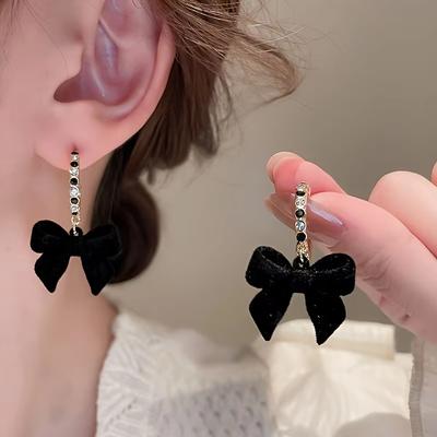 Huajie Women's Sweet Black Flocked Bowknots Earrings Brilliant Zircon Ear Studs Elegant Female Korean Fashion  Tide