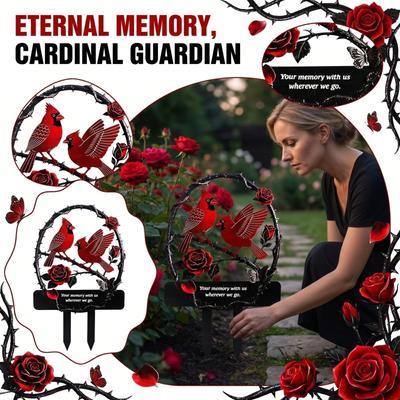 Memorial Garden Stake with Cardinal Bird and Rose Design Weather Resistant Metal Grave Marker for Cemetery Decoration Outdoor Use