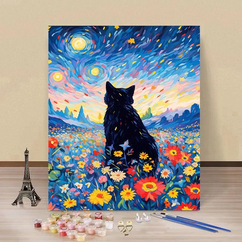 Ciel Étoilé Chat Peinture à l'Huile Numérique DIY Coloration Manuelle Décoration Kit de Peinture Chat Fleur Paysage Dessiné à la Main Peinture à l'Huile