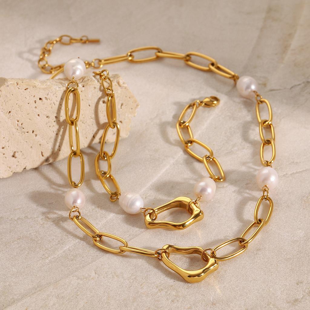 Ocean Style Stainless Steel Natural Pearl Drop Necklace Bracelet Anti Allergic Metal High Quality Daily Jewelry Gift