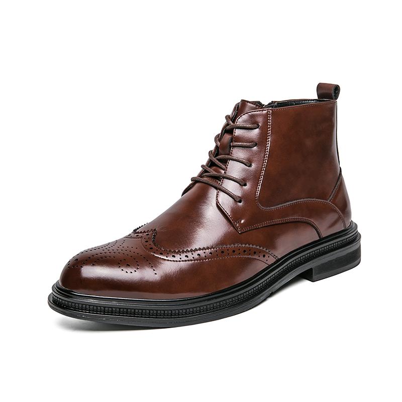 Fashion Trends Top Vintage Old Handmade Men's Brogue Boots Tooling Cow Leather Brown Shoes Warm Plush Zipper Ankle Boots Desert
