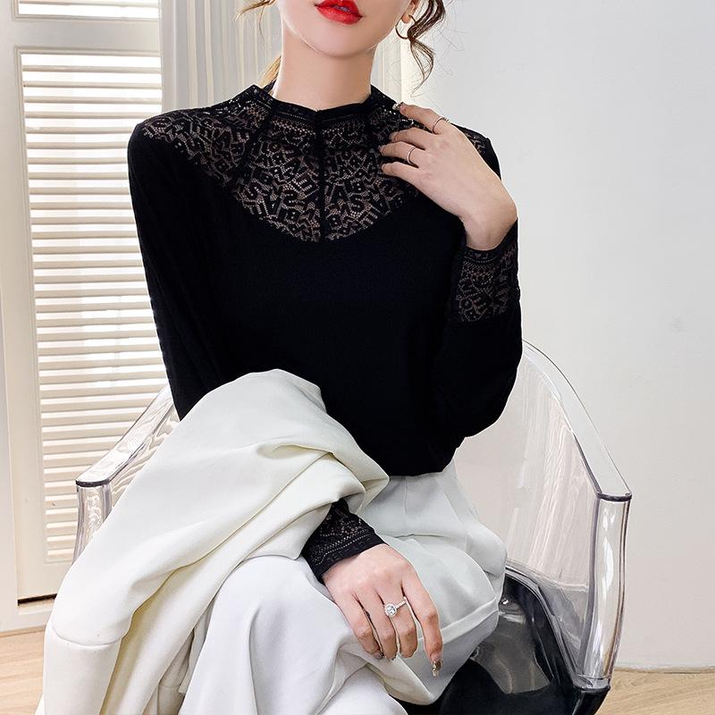 Yanzhiban 2024 Spring Plus Size Lace Bottoming Top - Half High Neck, Long Sleeve.