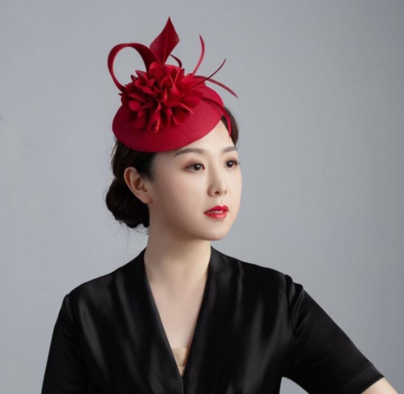 Women Formal Fedora Hat Mariage Bride Hairpins Ladies Elegant Feathers Fascinators Headband Church Sinamay Hat