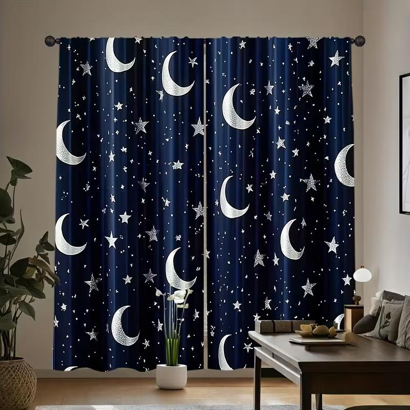 2 Pcs Moon and Stars Print Curtains,suitable for Bedroom,living Room Kitchen Decoration,home Decoration,window Decoration