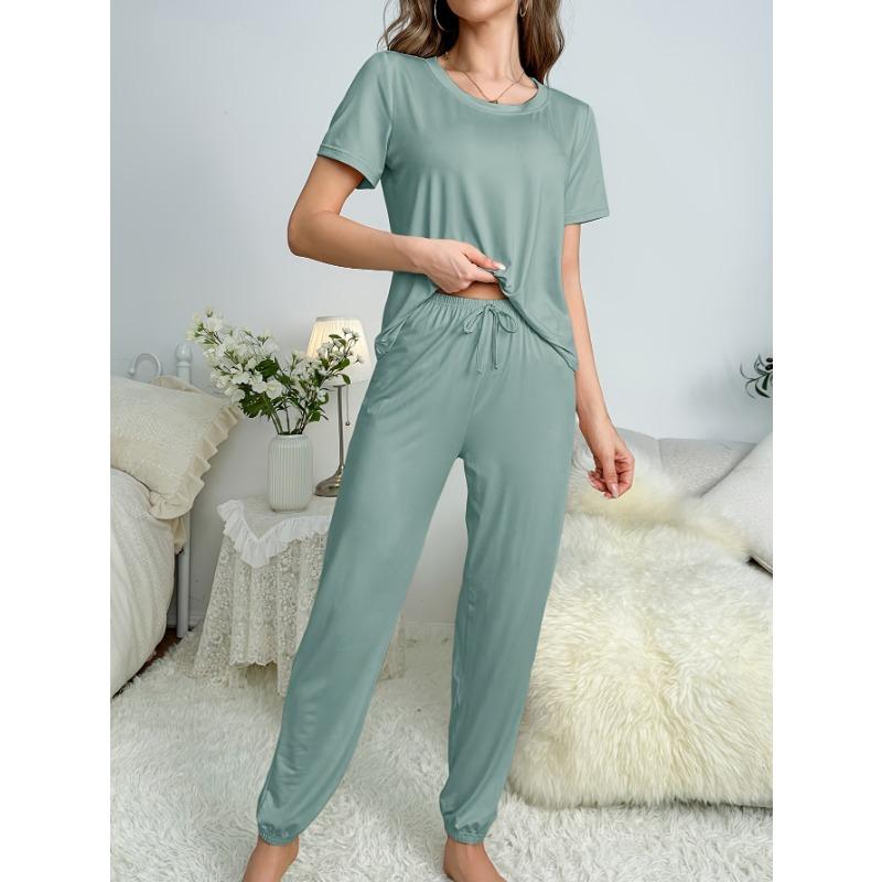 Summer Thin Comfortable Pajamas Women's Milk Silk Homewear Short-sleeved Trousers Closed Solid-coloured Leisure Suit