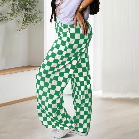 Women Pants Elastic High Waist Plaid Print Wide Leg Casual Pants Loose Fit Trousers Vacation Work Daily Wear