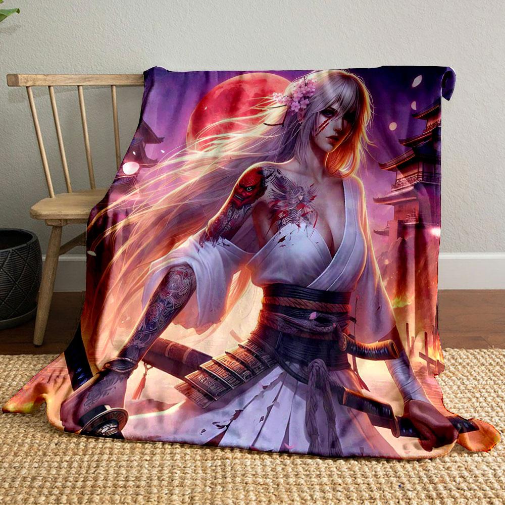 Samurai Woman Under Red Moon Print Blanket Soft and Cozy Perfect for the Living Room Bed Sofa or a Nap,gift