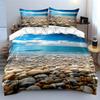 3Pcs Tropical Pebble Beach Bedding Set, Blue Sky And Sea Print Duvet Cover + 2 Pillowcases, Serene Coastal Pattern For Bedroom