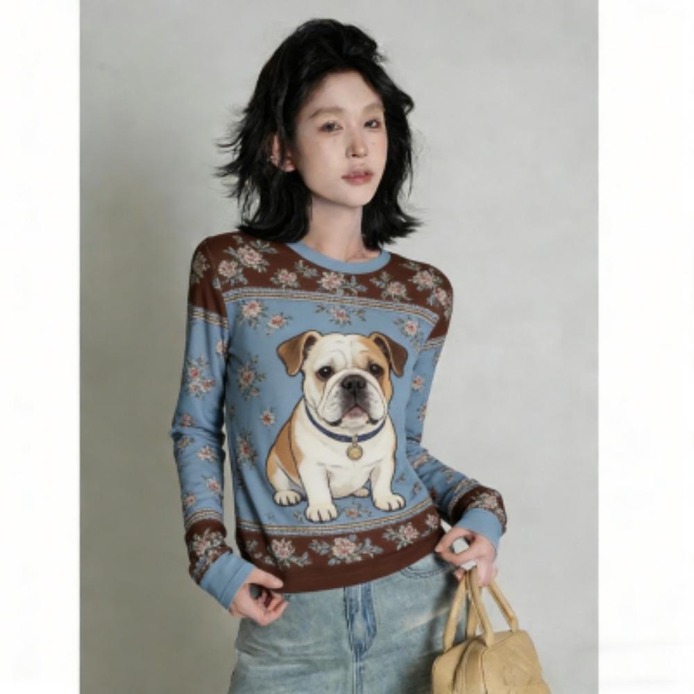 Spring Europe America Fashion Fun Dog Print Women's T-shirt Casual Pullover Women Long Sleeve Clothing Outdoor Street Tees Top