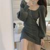 Women's Square Collar Sweater Dress - 2023 Autumn/Winter, Waist-Defining Hot Girl Style with Lantern Sleeves, Short Skirt.
