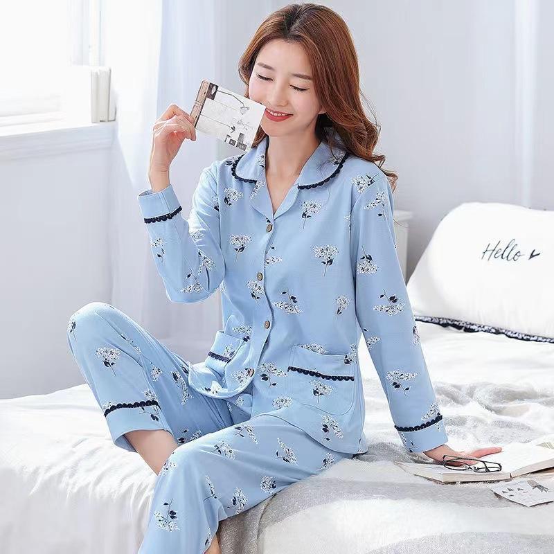 Pajamas women's spring and autumn 100% pure cotton long-sleeved plus size purple high-end autumn and winter cardigan loungewear two-piece set