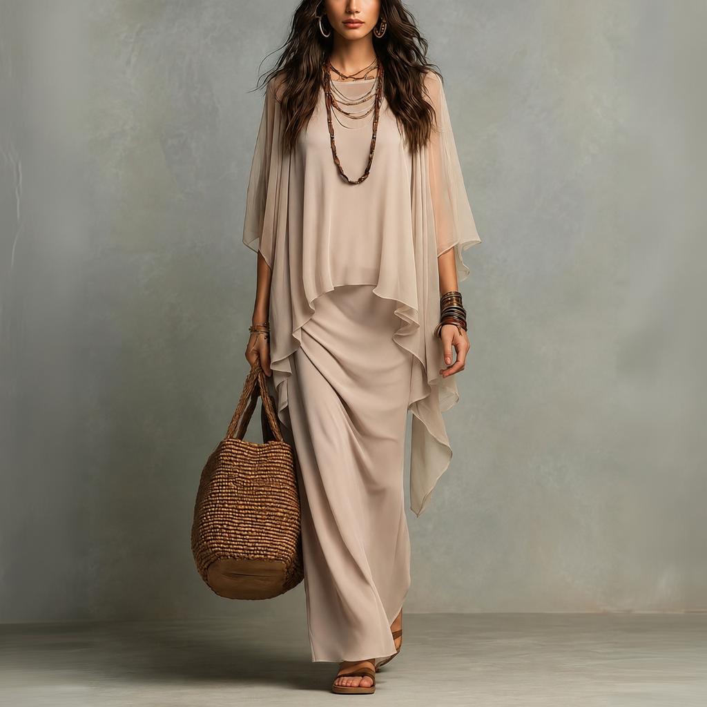 Women's Chiffon Two Piece Maxi Dress Set with Shawl Wrap for Summer Vacation