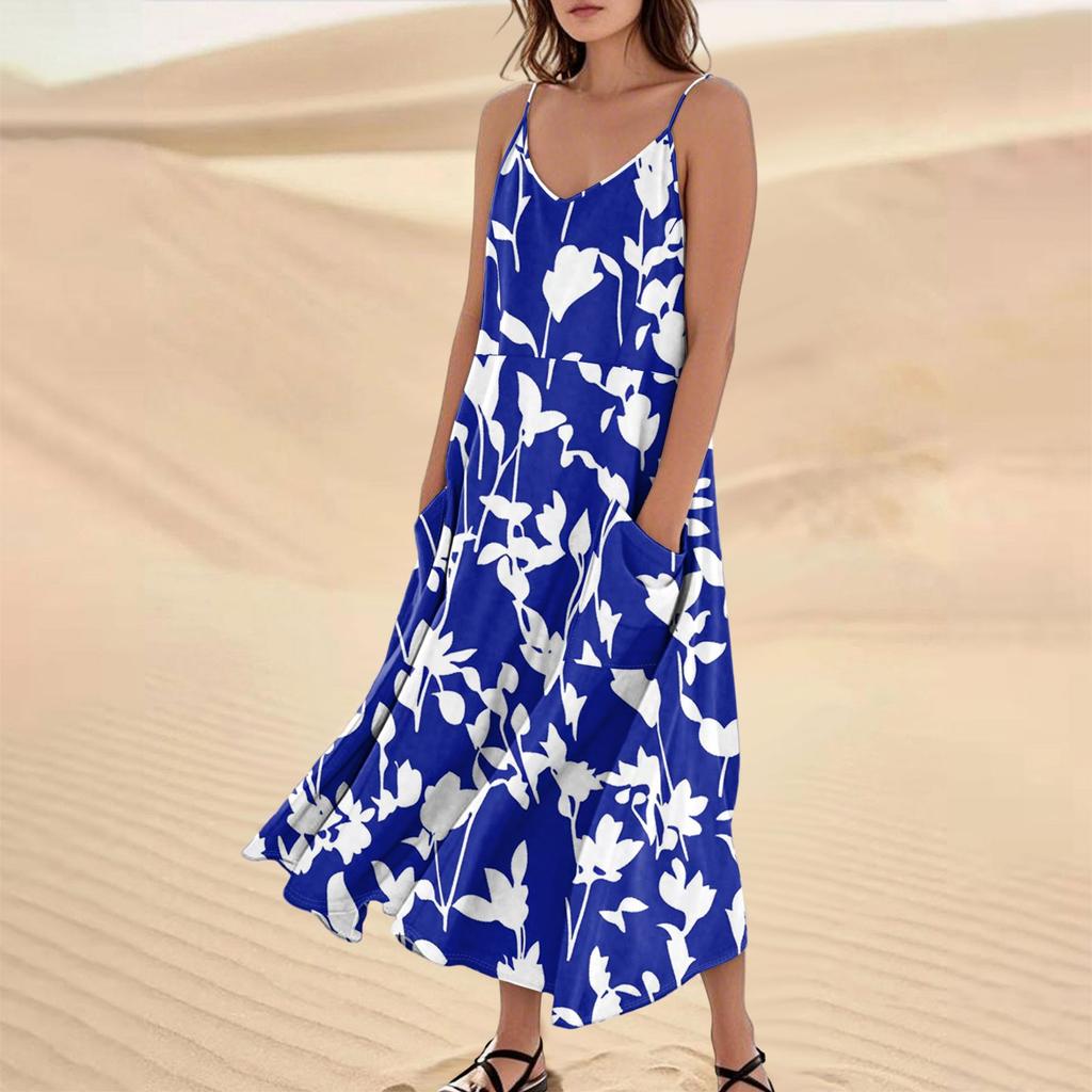 Women's Fashion Casual Floral Print Sleeveless Pocket Long Beach Dress