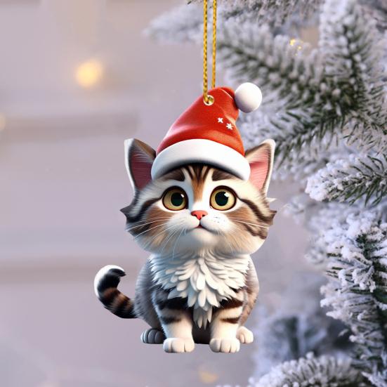 Pendentif de chat de Noël en acrylique, chapeau de Père Noël, décoration à suspendre pour chat de dessin animé, porte-clés, pendentif chaton, décoration d'arbre de Noël, cadeau pour les amoureux des chats