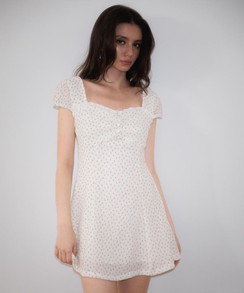 Rose Franz Lace Shirring Button Flare Dress [Ivory]