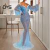 Women Elegant Gown Dress Off Shoulder V Neck Puff Long Sleeve Floor Length Dress Sequins Decor See Through Elegant Vintage Dress