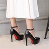 Women Stripper 12cm High Heels 3cm Platform Stiletto Pumps Red Bottom Nighclub Heels Lady Fetish Black Leather Strap Shoes