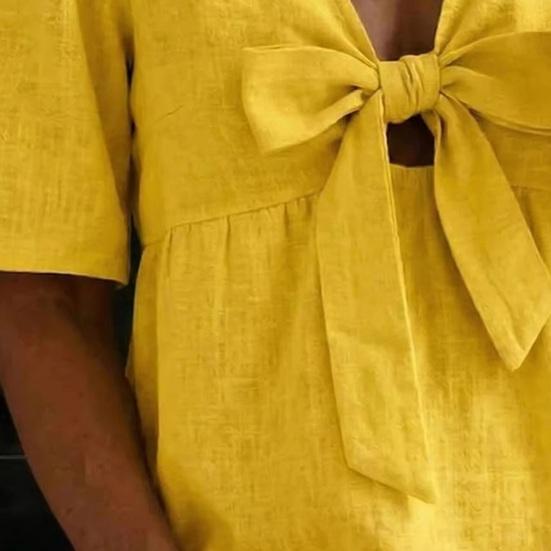 Women Shirt Pure Color Loose Fit Commuting Style Casual Tops Front Bowknot Decor Summer Pullover Tops