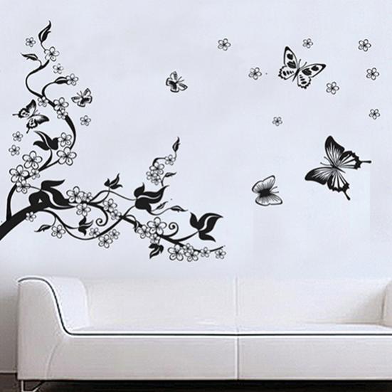 Black Floral Butterfly Flower DIY Vine Wall Sticker Art Decor Mural Room Decal