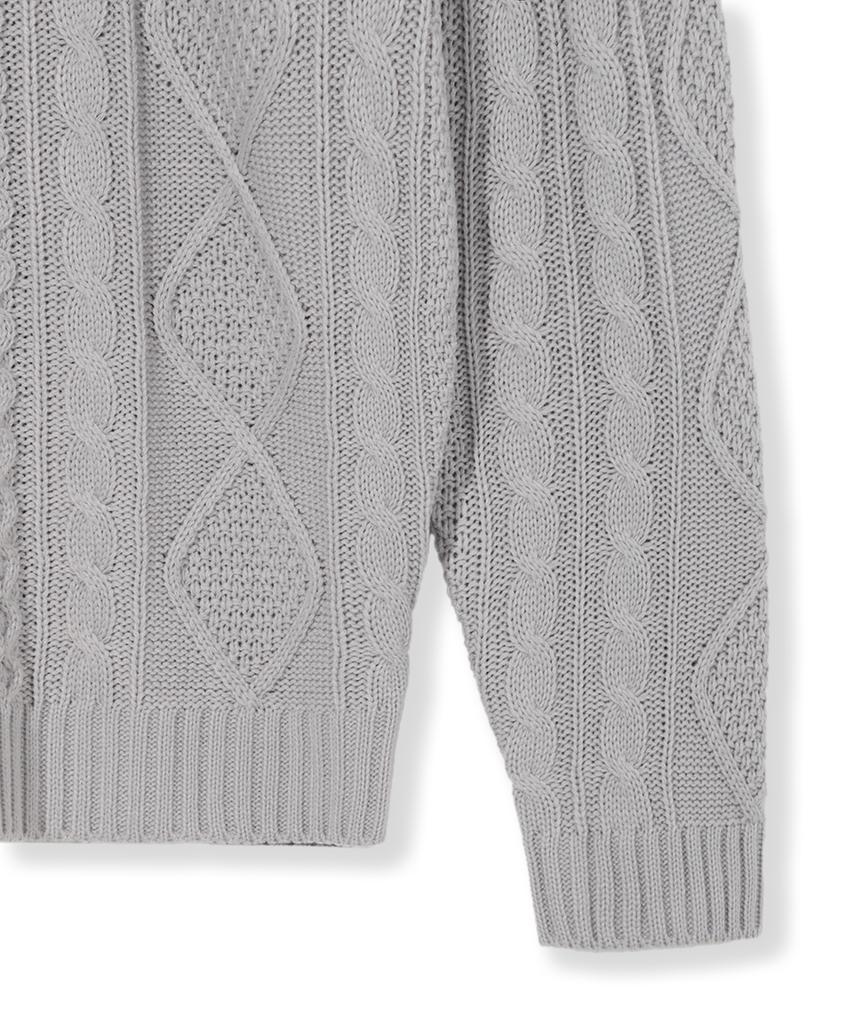Nodu Fisherman Cable Round Neck Semi-Oversized Long Sleeve Knit Cable Knit Cardigan [Gray]