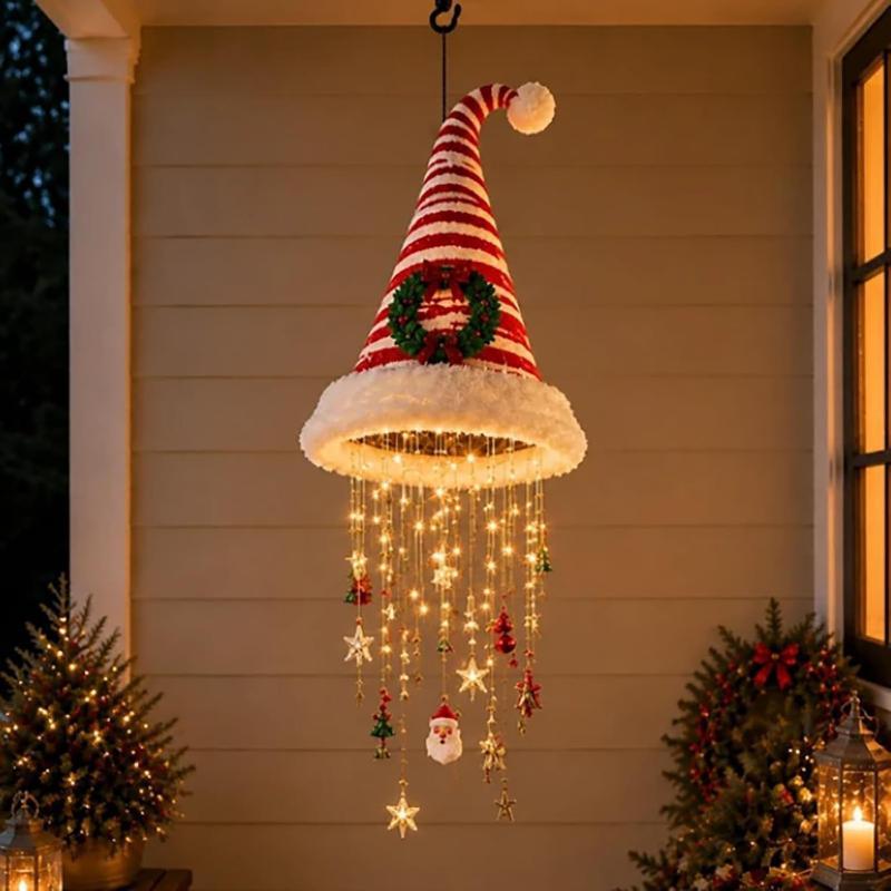 Glowing Santa Hat Wind Chime Pendant – Led Holiday Hanging Decor For Christmas Party & Gift Giving