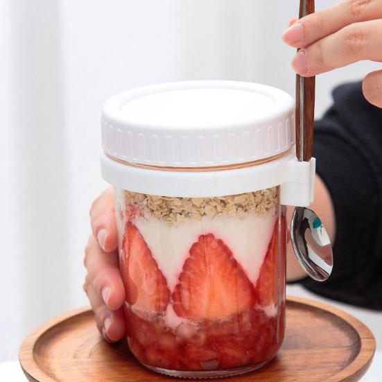350 ml Havrekopp över natten med sked och lock Läcksäker frukostbehållare av glas för havregrynssallad Yoghurt Miljövänlig återanvändbar kopp