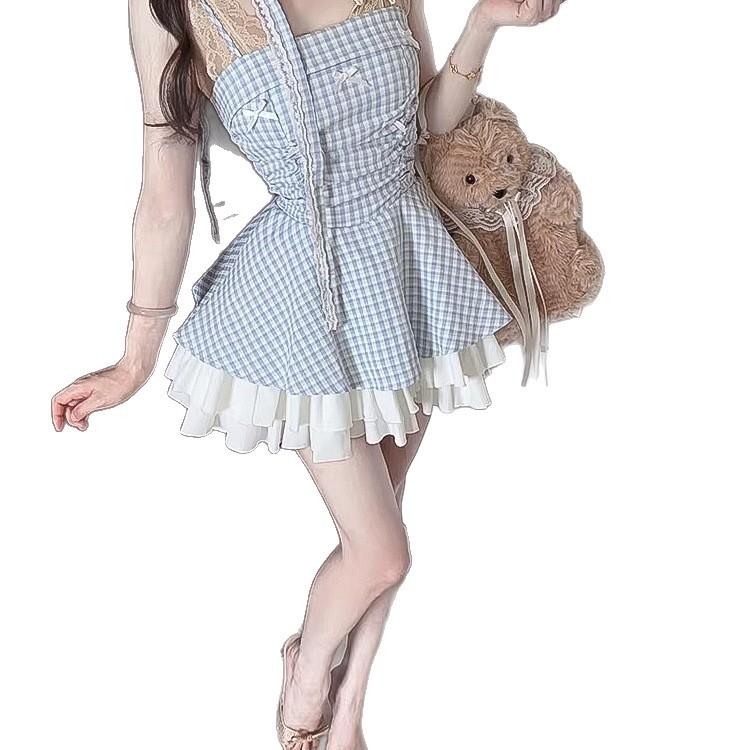 French summer new neck bow suspender dress female slim and thin plaid high waist tutu