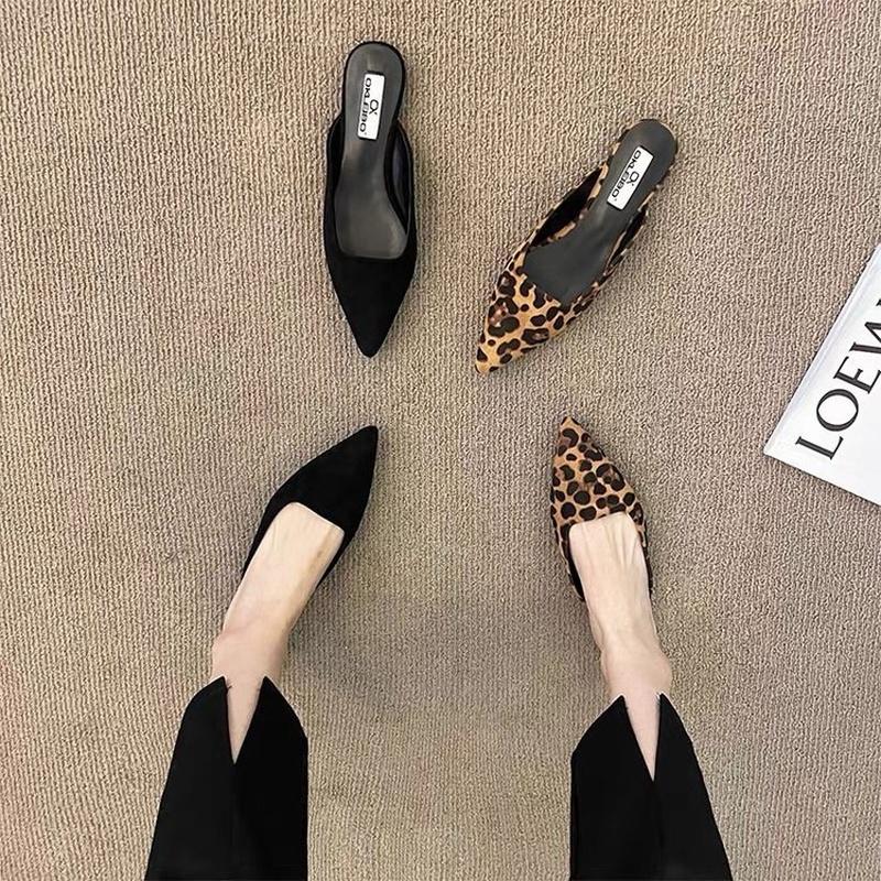 Women Slippers Pointed Toe Leopard Design Shallow Slip On Thin Low Heels Black Flock Design Casual Mules Loafers Black Outdoor