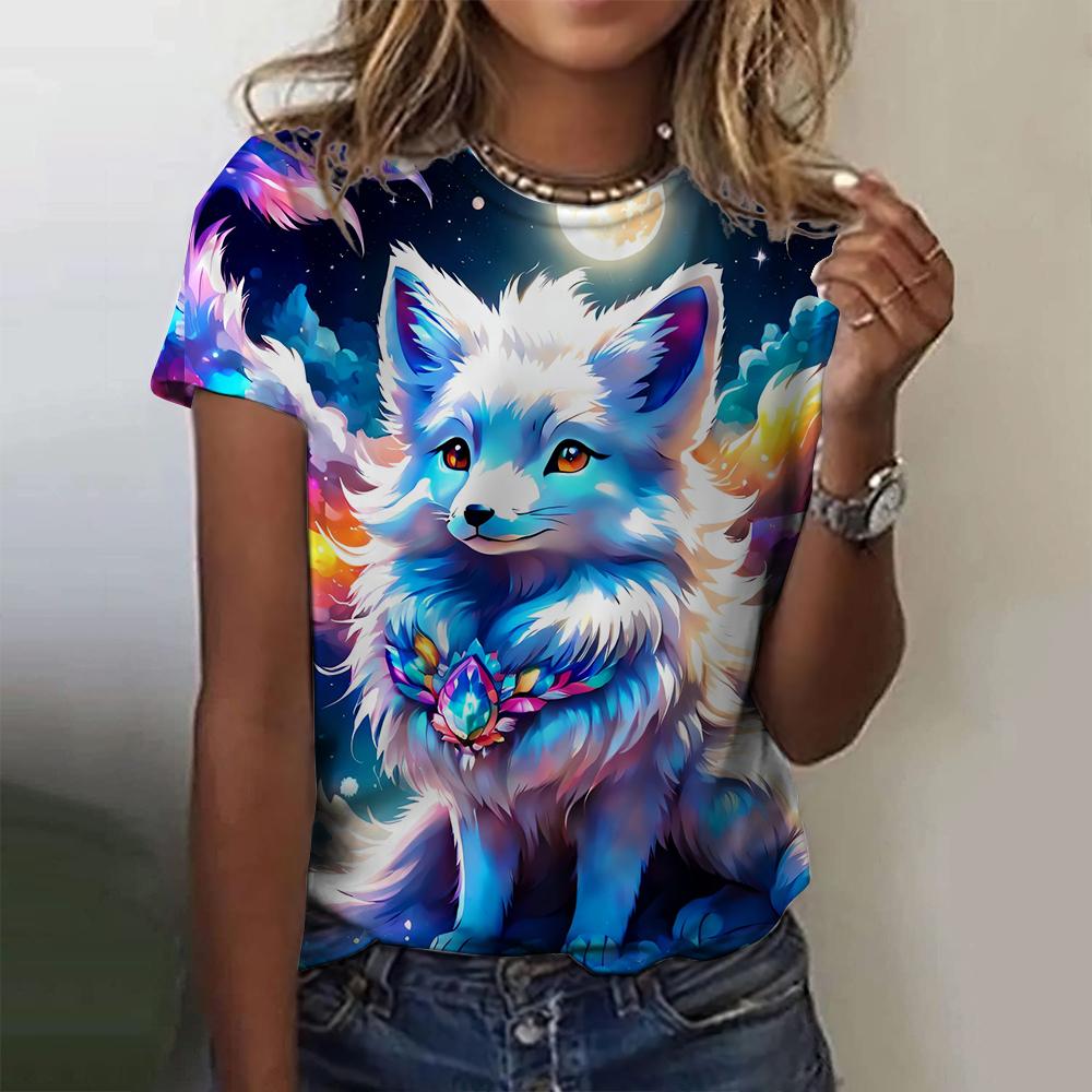 3D printed fox pattern women's T-shirt summer casual round neck top short sleeve loose T-shirt daily outing short sleeve