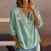 Dames Geborduurde Bloemen Henley Knopen Hals Driekwart Mouw Linnen Katoen Blouse Casual Losse Pasvorm Shirt