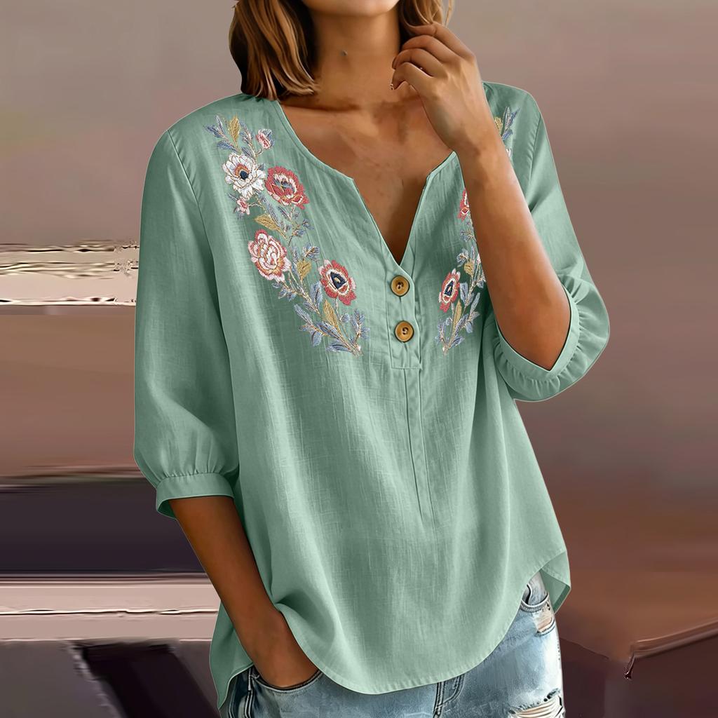Dames Geborduurde Bloemen Henley Knopen Hals Driekwart Mouw Linnen Katoen Blouse Casual Losse Pasvorm Shirt